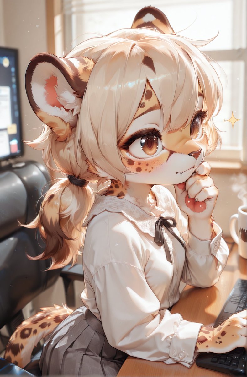 Another long day at the office… Magnicia needs a break 🐆 
Who's distracting her? 
#FurryArt #AIArt #MagniciaOC #OfficeFurry