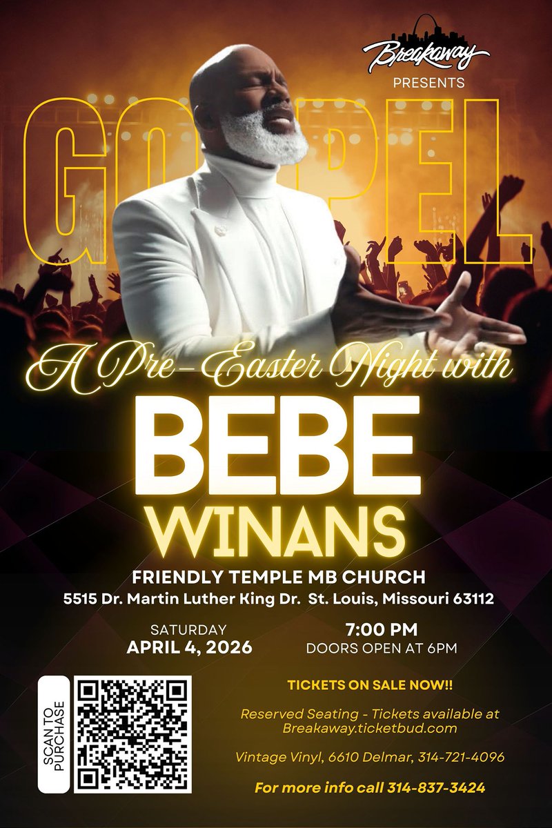 VPContentAcq18's tweet photo. Breakaways Productions brings you the legendary
@BebeWinans
in St. Louis at Friendly Temple Church! Get your tickets now! https://t.co/YQ4vmKeNfX