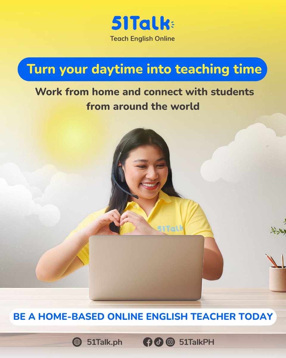 Teach the world without leaving home. 

Create your own teaching space, connect with amazing students around the globe, and earn while keeping your daytime rhythm.

Ready to start your online teaching journey?
Sign up now: 51talk.ph

#51Talk  #51TalkGlobal