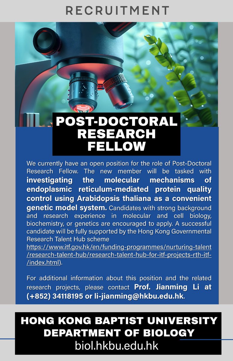 HKBU Biology Postdoctoral  Researchers Recruitment! 
Prof. Li Jianming