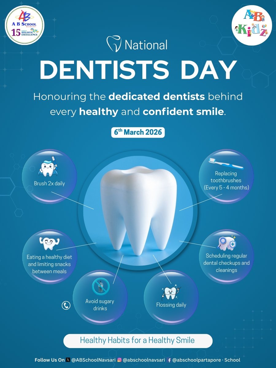 ABSchoolNavsari's tweet image. #NationalDentistsDay #HealthySmiles #SmileWithConfidence #DentalCare #OralHealth #HealthyHabits #DentistAppreciation #TeethCare #DentalHealthMatters #BrightSmiles #OralCareRoutine #ThankYourDentist #HealthySmileHappyLife #ABSchoolNavsari