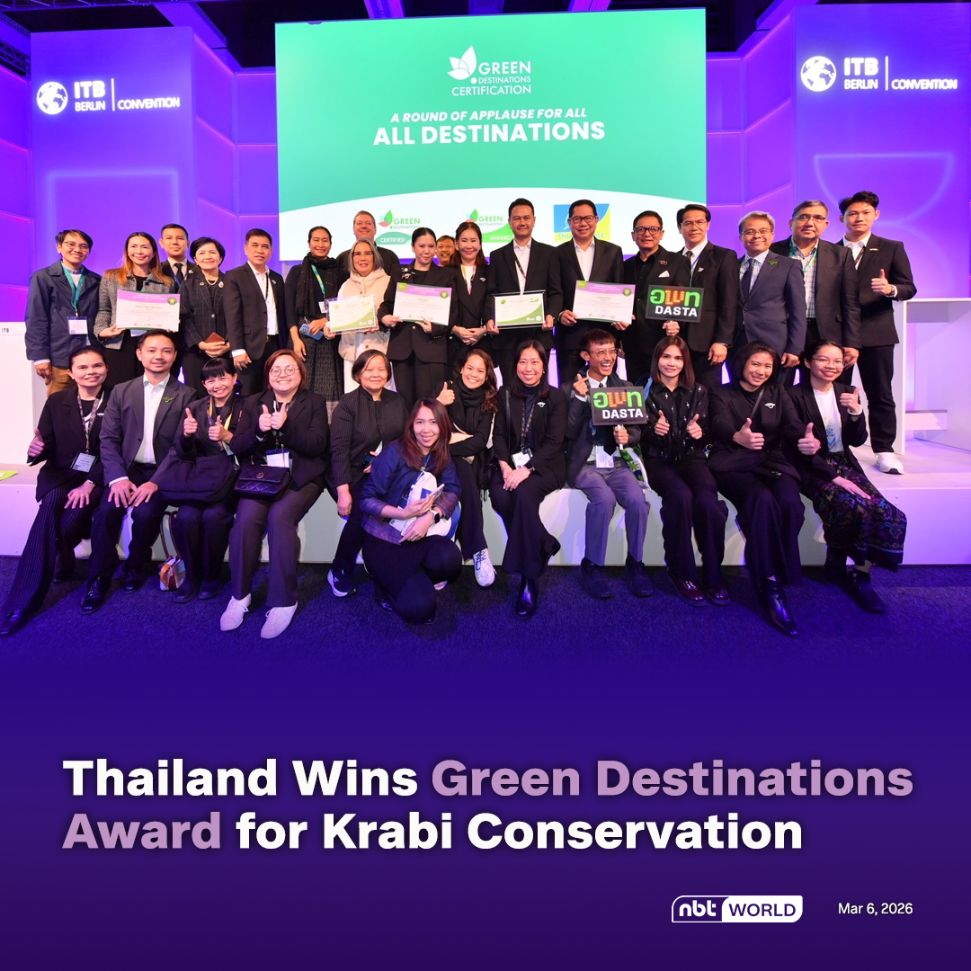 NBTWORLDNews's tweet image. Thailand won the Nature &amp;amp; Scenery award at the Green Destinations Story Awards 2026 for a conservation project in Krabi.
 
Read more: Facebook.com/nbtworld

#Thailand #SustainableTourism #Krabi #GreenDestinations #ITBBerlin