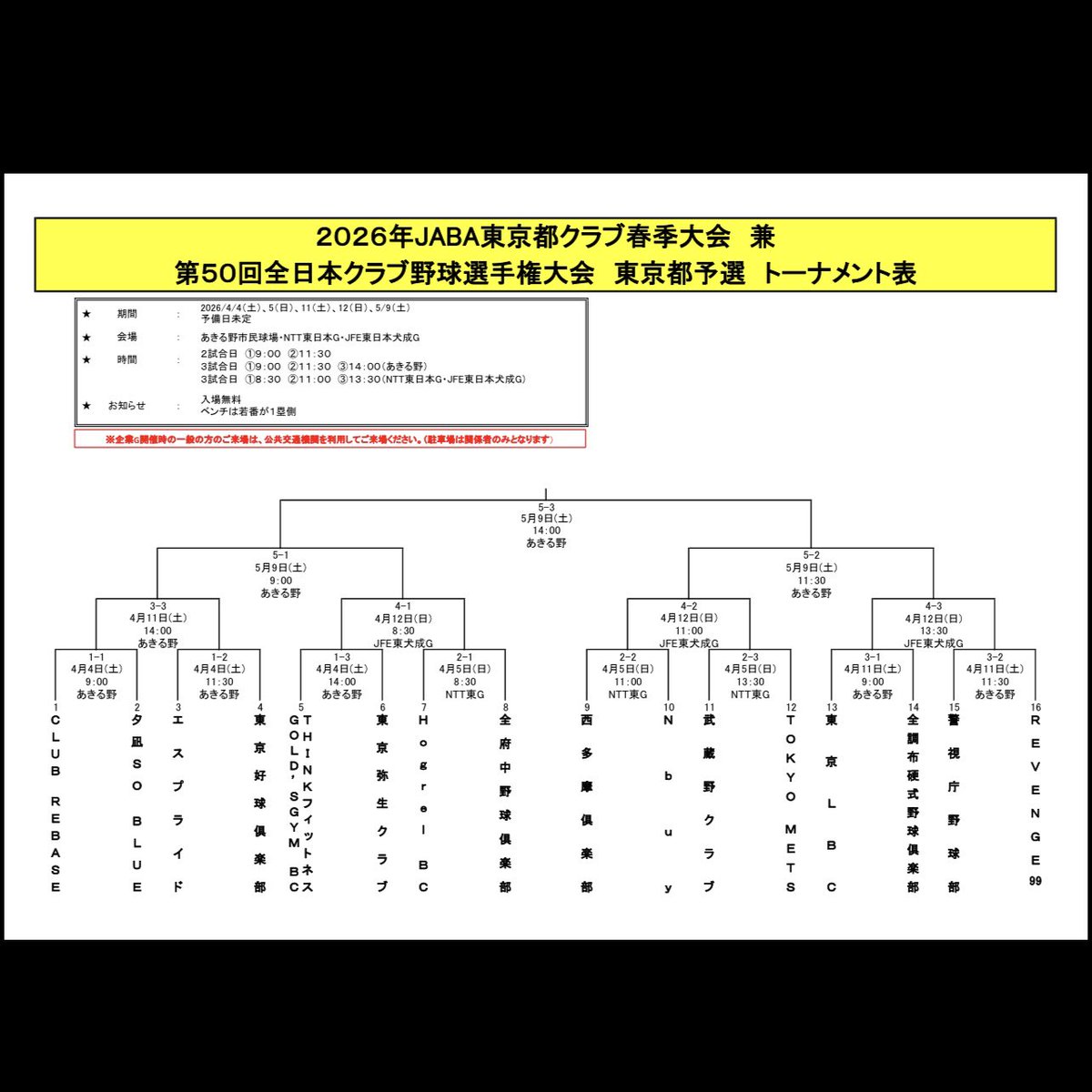【公式戦情報】

『2026年JABA東京都クラブ春季大会 兼 第50回全日本クラブ野球選手権大会東京都予選』の大会日程が発表となりましたのでお知らせ致します！

★1回戦
📅 2025.04.05(sun)
🏟 NTT東日本船橋G
🆚 武蔵野クラブ
⏰ 14:00PB予定

★2回戦
📅 2025.04.12(sun)
🏟 JFE東日本犬成G
🆚