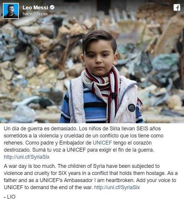 "Un día de guerra es demasiado" dijo Messi en 2017 y reclamó por la seguridad de los chicos en Siria "como padre y embajador de Unicef". Al año siguiente la selección suspendió un partido amistoso en Israel después de un ataque. 8 años después no vale el "no sabe, es tikito".