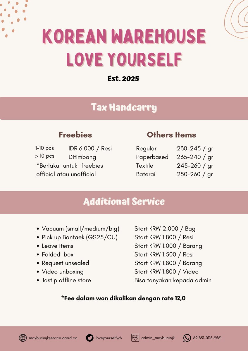 loveyourselfwh's tweet photo. Halo, Welcome to Korea Warehouse Handcarry - Direct @loveyourselfwh ✈️

⏰ Operational hours : 09.00 - 17.00 WIB | Senin - Jumat

We provide the services you need!
— You can contact us if you need help 🫶🏻

You can find out about us here ~
🖇️ About : https://t.co/bfq8OZ38Nz https://t.co/tMdlmbigGd