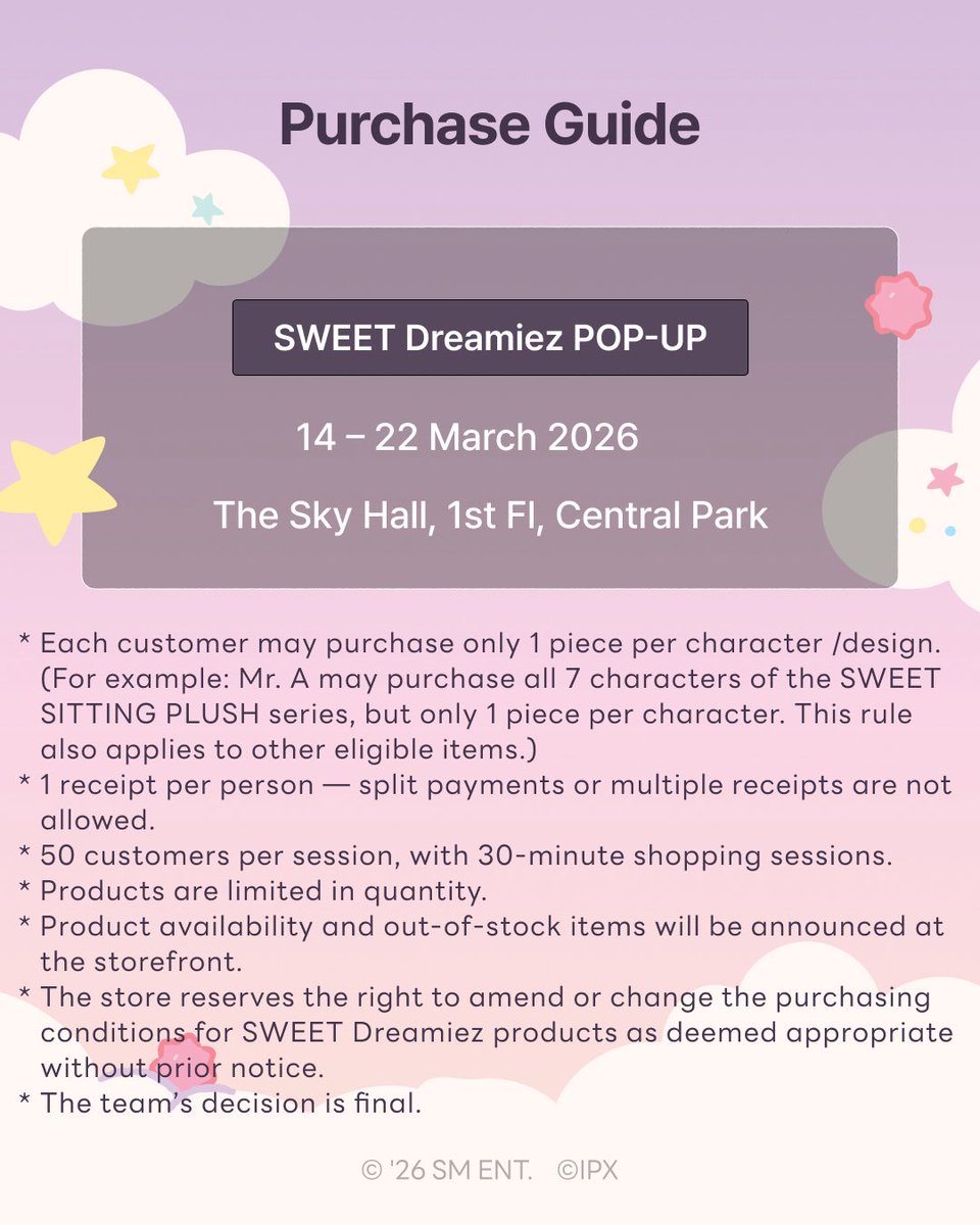 🔖 รายละเอียดการซื้อสินค้า SWEET Dreamiez POP-UP 🍰

พร้อมกระโดดขึ้นก้อนเมฆแสนนุ่มและเดินทางไปกับความฝันอันแสนหวานด้วยกันหรือยัง? ☁️

📌 เช็คข้อกำหนดการซื้อสินค้าได้เลย!

- สงวนสิทธิ์ให้ลูกค้าซื้อสินค้าได้ 1 ชิ้นต่อ 1 แบบเท่านั้น
- ตรวจสอบรายละเอียดเพิ่มเติมได้ที่รูปภาพ