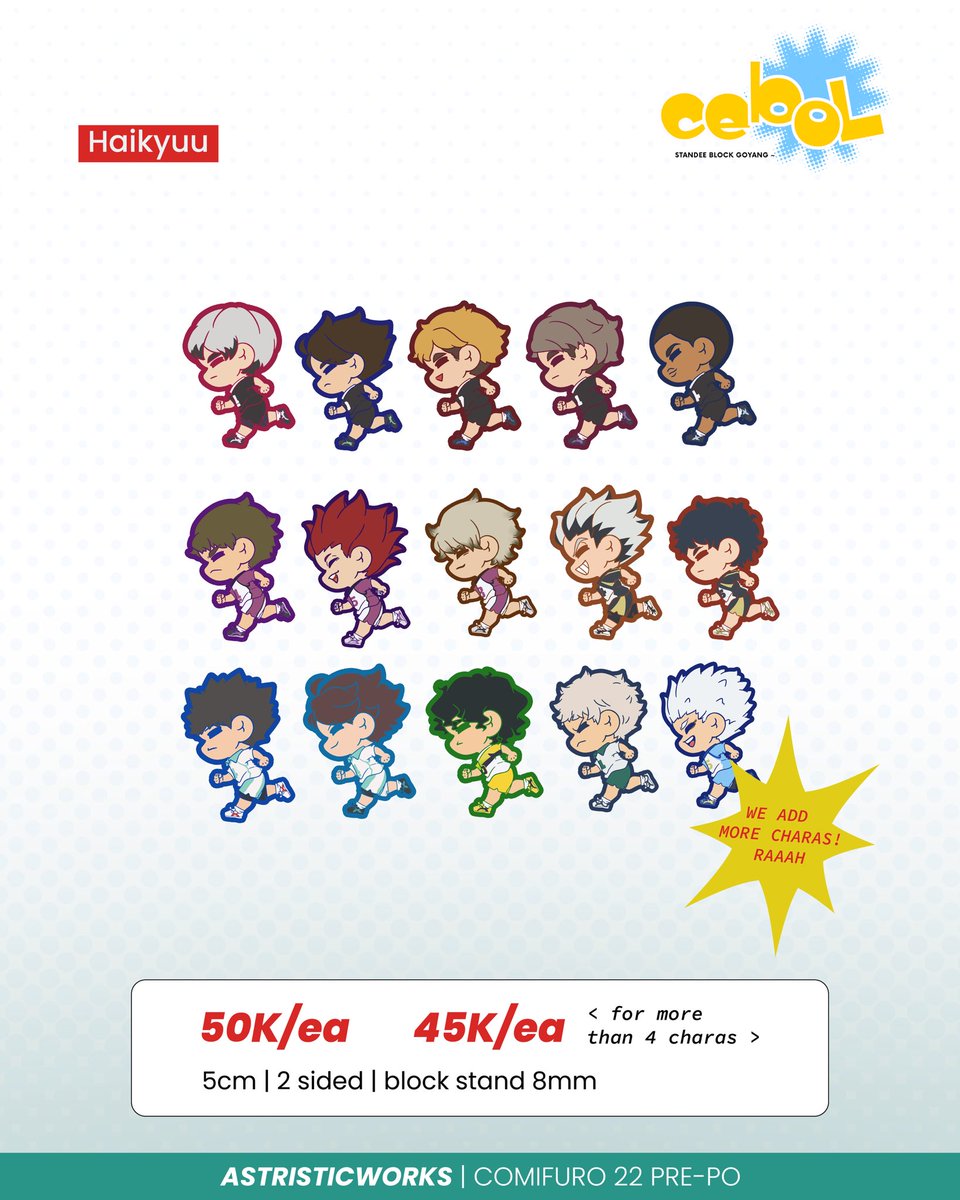 [ Thanks for re-shares 💗]

Astristicworks’ #CF22 batch 1 P0 💋

Totebag &amp; cebol goyang standee are PO only, so this is your chance to grab em!

📆: 6/3 - 16/3
Link below!

GOs are welcome~ 

#comifuro #comifuro22 #CF22 

Fandom: Haikyuu, Gintama, Sakamoto Days, JJK, One Piece