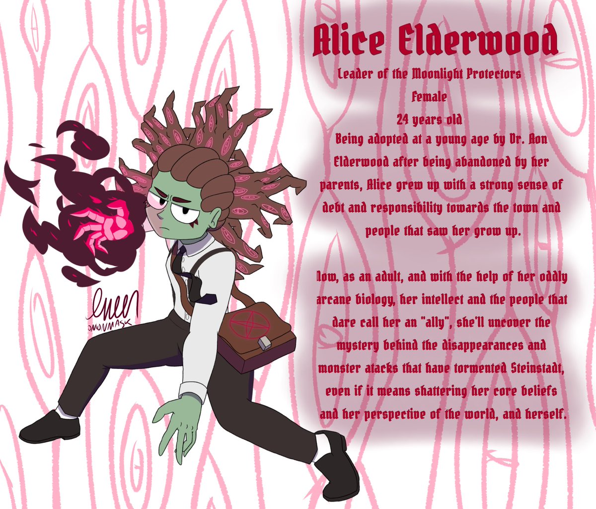 MaskOnion's tweet photo. Fighting darkness with darkness, and monsters with a monster, Alice Elderwood is here to end monsters and find missing people, even if there’s some other secrets to be unveiled in the process.

Another character for a little something I have in mind later on ^^
#oc #ocart https://t.co/KMw0CdKrRh