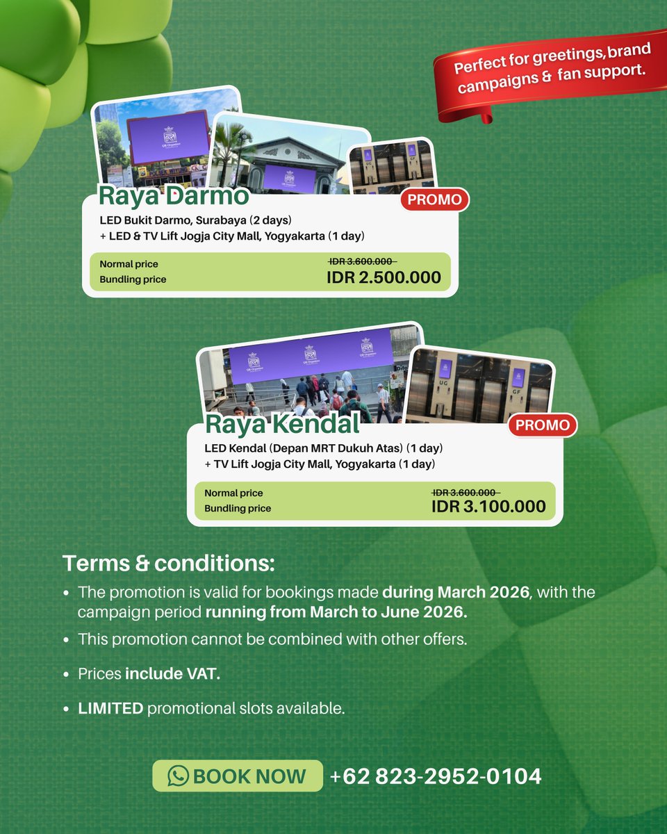 qr_organizer's tweet photo. 🌙 Raya on Screen Bundle ✨

Perfect timing for your fan project, campaign, or special message on LED videotron.

Strategic high-traffic spots 🔥
Jakarta • Surabaya • Yogyakarta

Limited slots ⚡
BOOK NOW👉 https://t.co/rK2GQEcdzh

#FanProjectTalks #PartnerFanbase https://t.co/NEJLBqwaOf