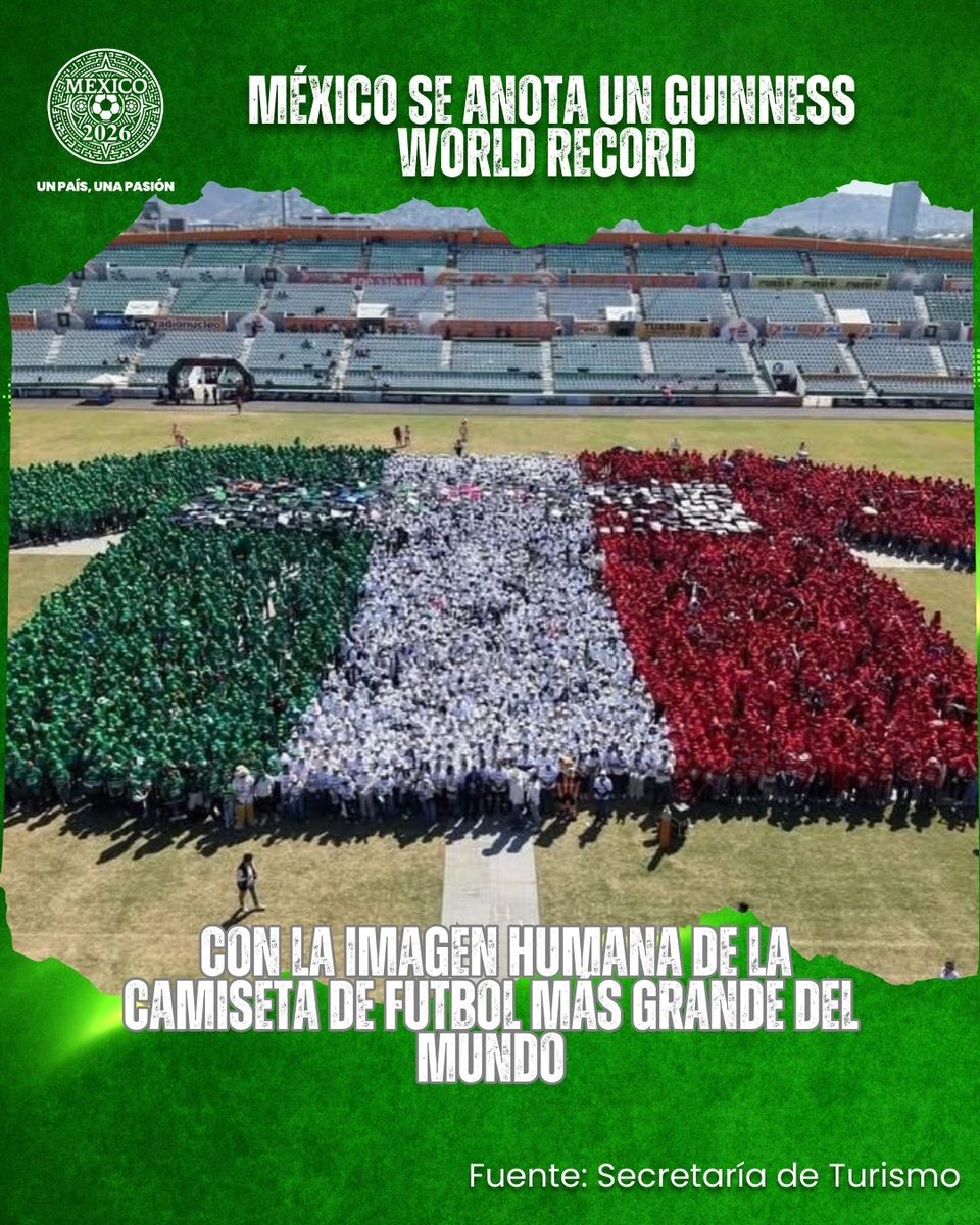 ⚽ México logró un Guinness World Record con la imagen humana de la camiseta de fútbol más grande del mundo. 4,757 personas formando una playera de 48 x 35.5 m, con las 32 entidades del país.
#México   #Mundial2026

Fuente: Secretaría de Turismo – Gobierno de México