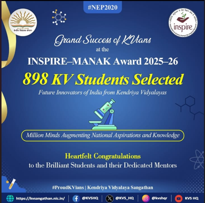 With great pride, Kendriya Vidyalaya NERIST announces that the following students have been selected for the prestigious INSPIRE MANAK Award for the session 2025–26.
<a href="/KVS_HQ/">Kendriya Vidyalaya Sangathan</a> 
<a href="/KVSRO_TINSUKIA/">KVS RO TINSUKIA</a>  
#ProudKVians