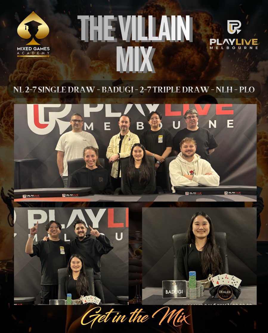 MixedGamesAcad's tweet photo. 😈 Villain Mix FT was chaos. 7 in the photo, only 5 paid. Monkey sneaks in with ONE 500 denom chip… becomes the soft bubble. Heads up? Lui wins her first mixed game ever. Poker is unreal. 🃏 https://t.co/D1eBbaSck5