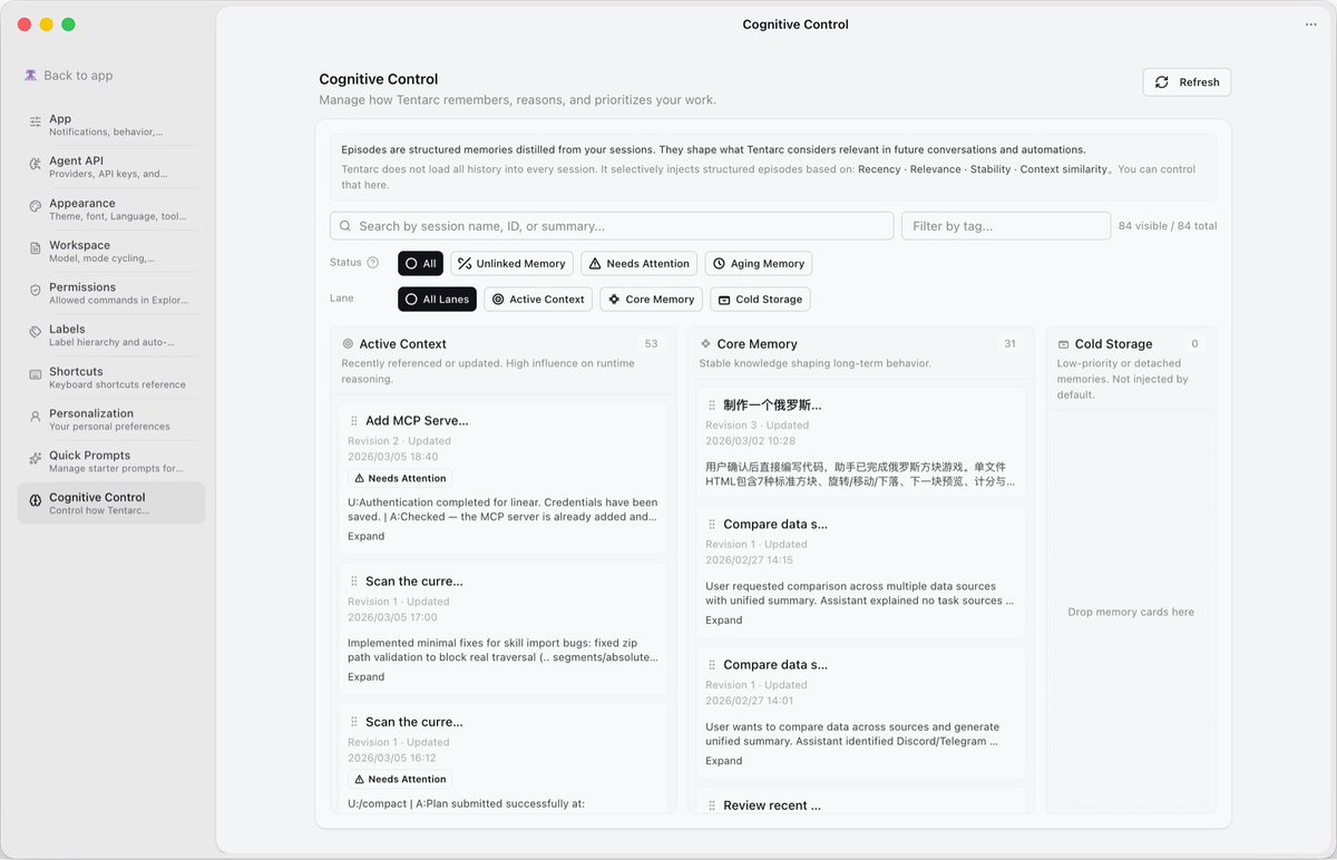 tentarcai's tweet photo. The new Cognitive Console organizes memory into three lanes:
◈ Active Context — high influence on runtime reasoning
◇ Core Memory — stable knowledge, shapes long-term behavior
○ Cold Storage — deprioritized, not injected by default https://t.co/iOOxBAMXYe