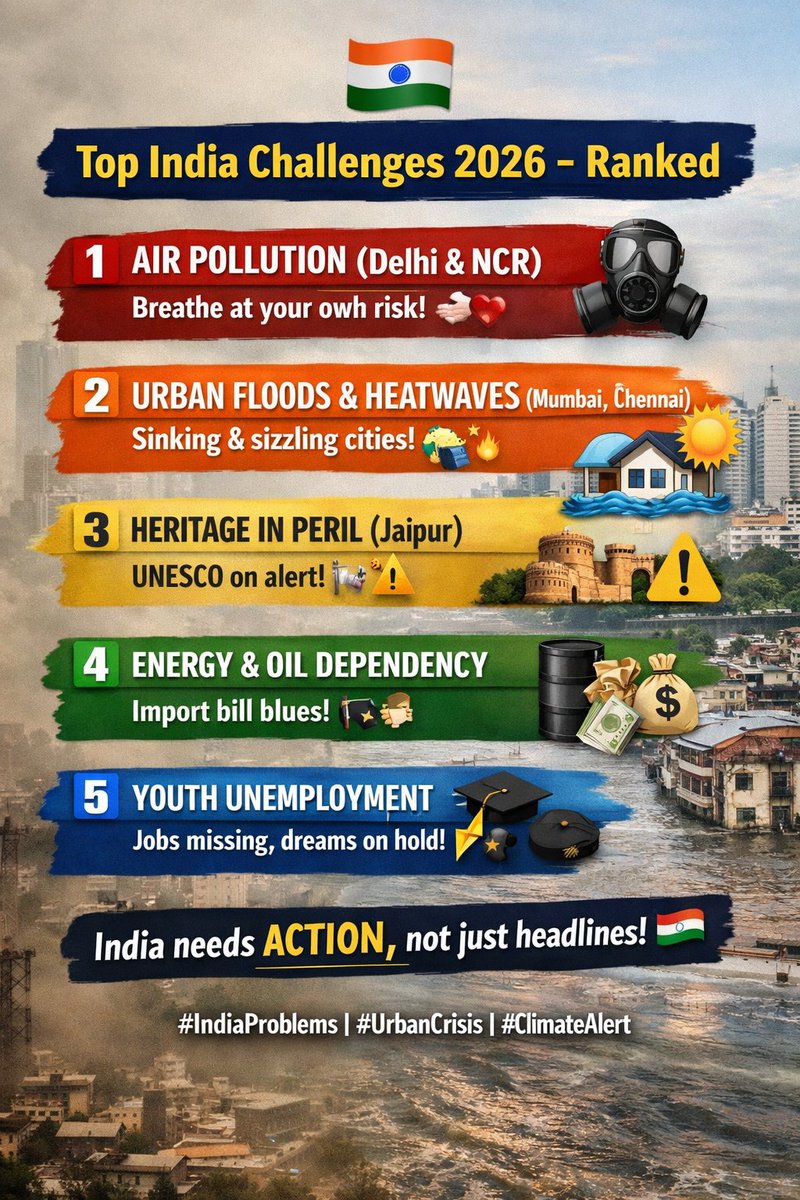 NOWINDIA152006's tweet image. 🚨 India’s Top Problems 2026 🇮🇳:
1️⃣ Air Pollution (Delhi/NCR) 🌫️
2️⃣ Urban Floods &amp;amp; Heatwaves (Mumbai/Chennai) 🌊
3️⃣ Heritage at Risk (Jaipur) 🏰⚠️
4️⃣ Energy &amp;amp; Oil Dependency 🛢️
5️⃣ Youth Unemployment 🎓💼
Action needed, not just headlines! #IndiaProblems #UrbanCrisis #ClimateAlert