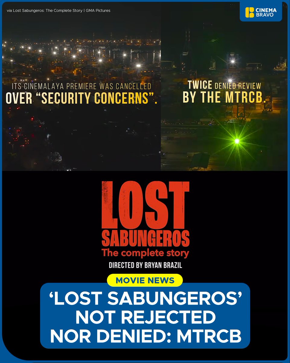 cinemabravoph's tweet photo. JUST IN: The Movie and Television Review and Classification Board #MTRCB has released an official statement in response to the trailer for '#LostSabungeros: The Complete Story,' which claimed that the GMA-produced documentary was “twice denied review by the MTRCB.”
https://t.co/zfTjJOGQdK