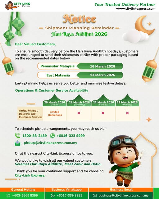 CityLinkMY's tweet photo. Hari Raya Aidilfitri 2026: Shipment Planning Reminder✨🌙

As the festive season approaches, we encourage all customers to arrange your shipments earlier to ensure smooth delivery and avoid festive delays. https://t.co/9bLpIZL5Sx
