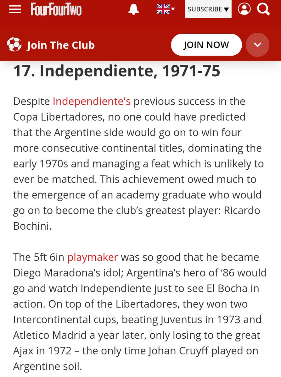 La revista inglesa <a href="/FourFourTwo/">FourFourTwo</a> eligió los 50 mejores equipos de la historia y en el puesto 17 quedó Independiente por encima de Boca (26) y River (34)

Mala noticia para los Gordos Bover