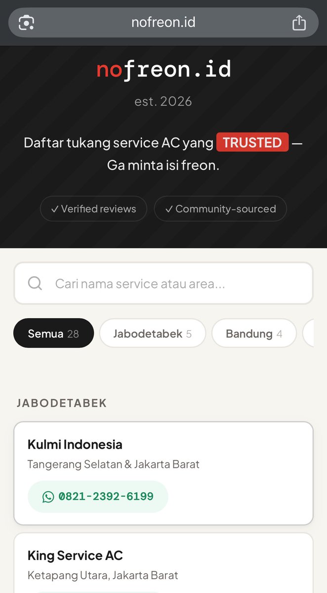 “Isi ulang freon” adalah scam terbesar yang dinormalisasi di Indonesia.

Mbak ini kena Rp 1.125.000 buat isi freon doang. 

Freon itu ga habis. Sistem AC itu tertutup. Kalau freon habis berarti ada kebocoran.

Solusinya? Tambal kebocoran, bukan isi ulang freon terus-terusan.