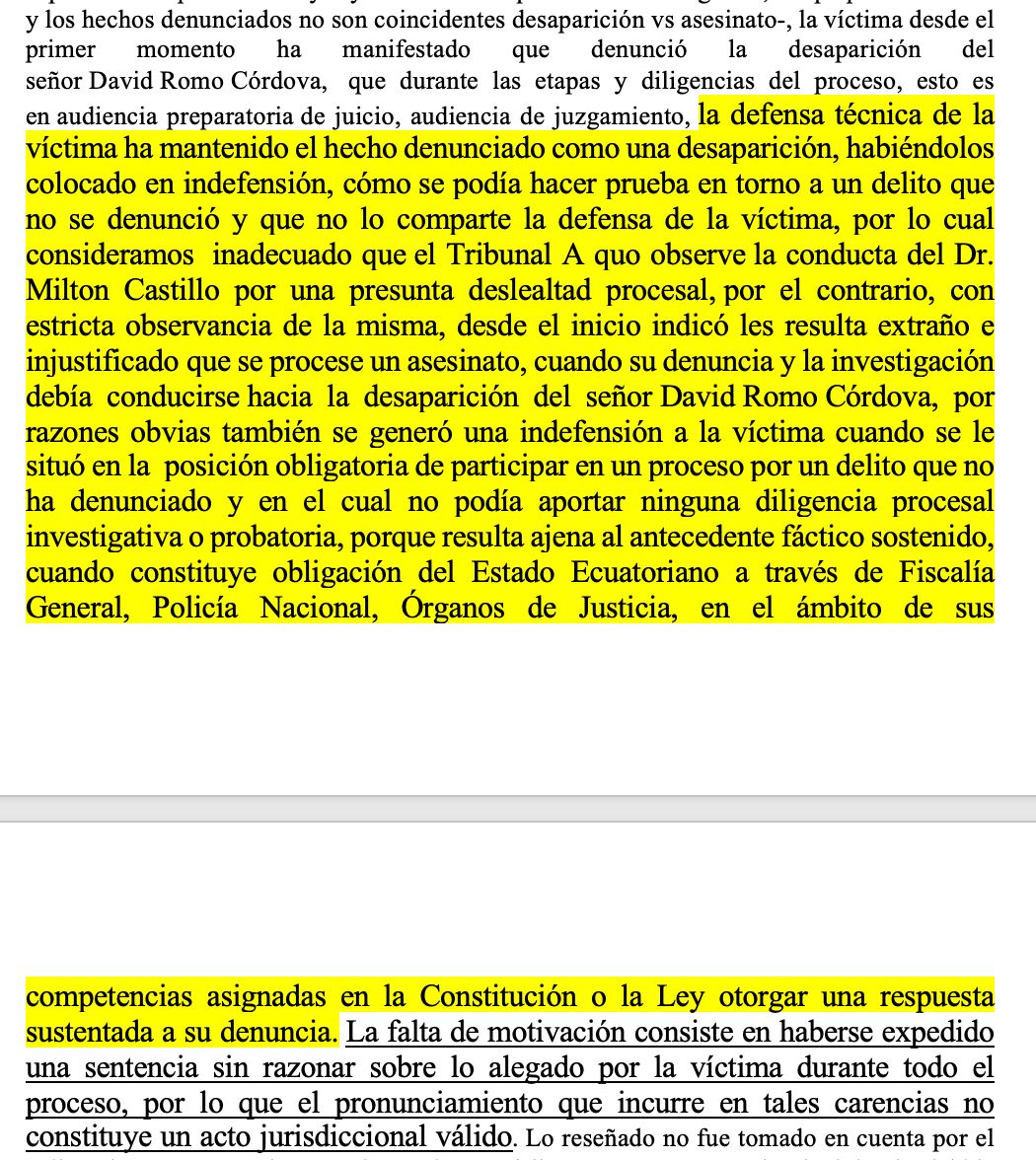 milcastillo331's tweet photo. En el expediente 17282-2017-03706 del supuesto delito de "asesinato sin cuerpo" de #DavidRomo que sostenía el abyecto fiscal #Cuasapaz, me alejé del criterio del fiscal y sostuve  que la verdad del caso es la desaparición forzada. Este fiscal logró que me sancione el Tribunal Penal argumentando que incurrí en deslealtad procesal al no sostener la misma torcida teoría en donde, por haber "incinerado" a David, no podían entregarle el cuerpo.

Lo que hice fue enfrentar tal teoría desnudando las mentiras y tesis forjadas que presentaron.

En la Corte Provincial, en apelación, reconocieron que no había tal deslealtad y que yo hice lo correcto al defender a la familia de la víctima que siempre denunció desaparición. 🧵