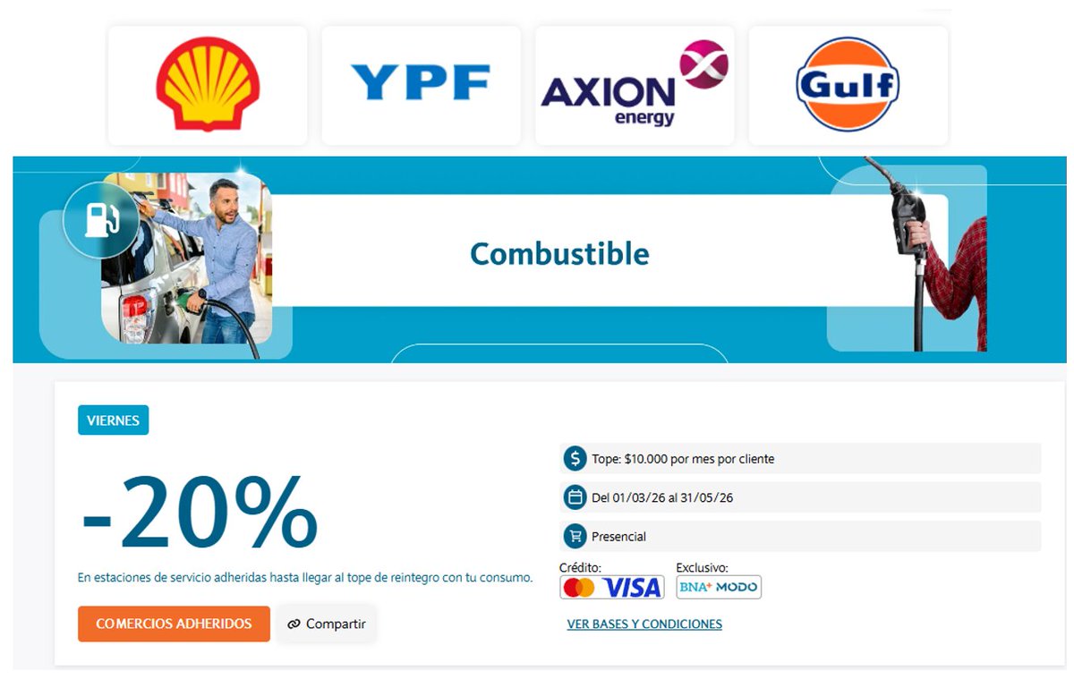 ahorrotwit's tweet photo. Viernes con @MODO_Arg + crédito @BancoNacion: 20% en #Shell #YPF #Axion #Gulf tope $10.000/mes unificado
Acumula con el 10% en #Quantium usando el cupón de #Axion con tope $6500 x mes Niveles 1 y 2 y tope $12000 Niveles 3 y 4 ⛽⛽⛽ https://t.co/vn1hyw6x4I