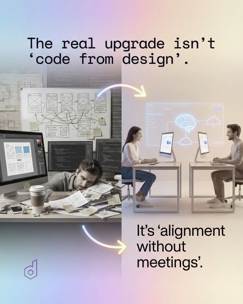 designient's tweet photo. “The real upgrade isn’t ‘code from design’.
It’s ‘alignment without meetings’.”

AI-generated UI is nice.
But the real win is reducing the translation layer between design + dev.

Tools don’t fix messy systems.
They reward clear ones: tokens, components, constraints. https://t.co/KCIoplqxta