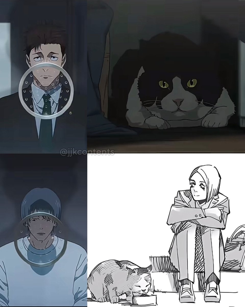 AnimeePost's tweet photo. The fact that Higuruma asked his coworker Shimizu to look after their client’s cat and Gege even drew a cute volume extra of her with it is so precious ❤️ https://t.co/R7tWzl6Clu