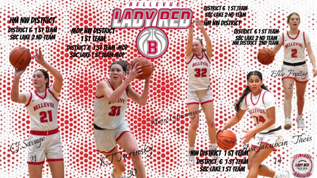 LadyRedBball's tweet photo. KT Turinsky MOP and 1 st Team, Ava Jakubcin-Theis 1 st Team , Ellie Freitag 2 nd Team , CJ Savage and Maize Gracemyer Honorable Mention. KT has been MOP of SBC Lake , District 6 and now Northwest District. Thats 5 girls honored from one team . Congratulations ladies. https://t.co/9Tc148Dinu