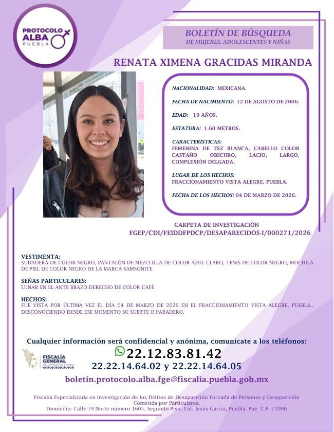 OroNoticiasPue's tweet photo. #ServicioSocial 🚨 Piden ayuda para localizar a Renata Ximena Gracidas Miranda de 19 años de edad, vista por última vez el 4 de marzo en el fraccionamiento Vista Alegre en Puebla. https://t.co/hpFLu9cDh4