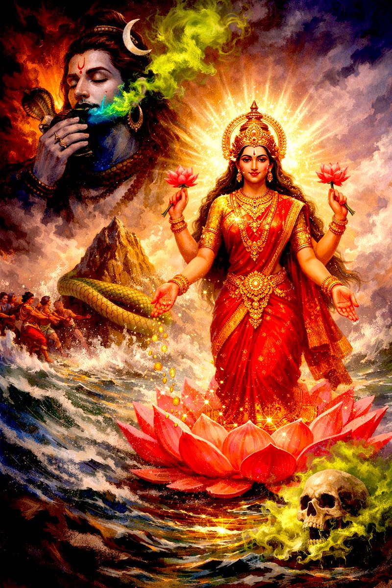 Sumita327's tweet photo. Devi Lakshmi Emerges from the Ocean…
but only after the great churning brings poison to the surface…🔥

Why would prosperity appear after chaos, conflict, and toxin?
Why does abundance rise only after the darkest forces surface?

Because the ancient story of Samudra Manthan is not mythology.

Rqead this 2-minute thread…!👇
It is a sacred map of human psychology, encoded by the rishis.

A reminder that before nectar…
before peace…
before prosperity…
the ocean within must be churned.