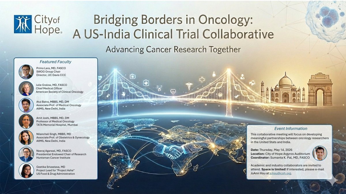 montypal's tweet photo. This past December, I was invited to @aiims_newdelhi by @batraatulonc to a stellar GU meeting, where I (along with @neerajaiims & @PGrivasMDPhD) met terrific scholars from all over #India. I saw unlimited potential for rich #research collaborations - upon returning, I set up the meeting below to bring together select representatives from @cityofhope, @aiims_newdelhi, @TataMemorial, @ASCO, @US_FDA & @SWOG to try & hash out the details. A million thanks to @Nilanchali1, @jrgralow, @DrAmitJoshi_TMC, @PrimoLaraMD & others for contributing to an all-star program! 

Come join us in Duarte on May 14 for an all day symposium - details & RSVP info below!