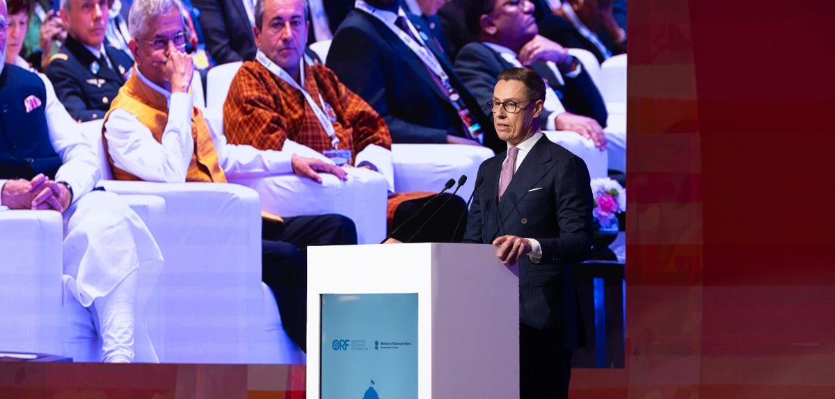ErikSolheim's tweet photo. Finland President Stubb calls for a world order that contains power. Grand opening of Raisina Dialogue.

It’s truly exciting to attend the Raisina Dialogue - Indias 🇮🇳foremost foreign policy forum - in Delhi.

Timing couldn’t be more appropriate, with Washington becoming the new epicenter of global chaos. 

1200 delegates got their visits aborted due to cancelled air travel due to the Iran war.

Finnish  President Alexander Stubb was chief guest at the opening - in the presence of Prime Minister Modi and foreign minister Jaishankar. Top leaders from across the world are in attendance.

Stubb called for a new San Francisco moment. In 1945 the world come together to found the UN. Now its time to form a new rules based global order.

Stubb asked us to drop illusions of a perfect world, but to create a world order which contains power.

He told us to all become more Indian. We must learn from history and India is a good place to start. India has since independence built its foreign policy on a broad platform - not aligning only on the goodwill of one power or bloc.

The Wests holiday with history is over, Stubb said. The time of Western dominance is now more, even if it takes time for the West to let it sink in. Europe must learn from India that passivity is not a strategy.

He referred to Jaishankars famous quote that Europe must move beyond the mindset that "Europe's problems are the world's problems, but the world's problems are not Europe's problems"

Stubb said we normally make three mistakes. We over rationalize the past, we overstate the current problems and we underestimate the future. It’s time for a bit more optimism. Together we can and must create a new cooperative world order