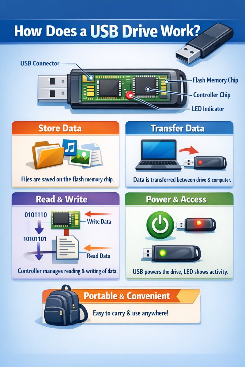 mukarram_121's tweet image. A USB drive stores data using flash memory. When connected, the computer’s OS detects it via the USB interface, allowing users to read, write, and transfer files quickly.
#USBDrive #FlashDrive #ComputerBasics