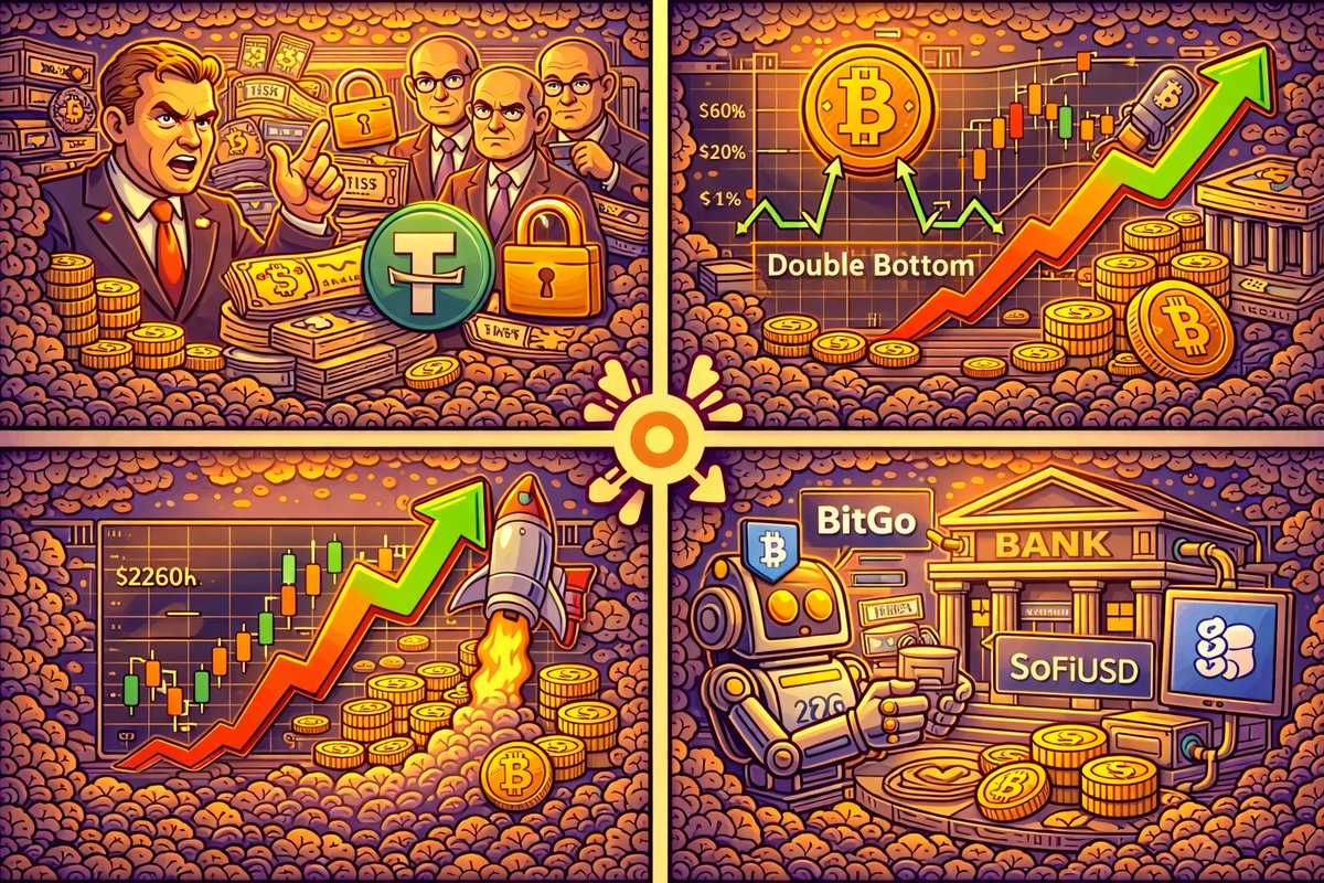 crypto_news99's tweet photo. 🚨 今日加密市场要点速览
🇺🇸 特朗普之子公开批评大型银行，支持稳定币为用户提供更高收益；
📊 多项技术图表显示 BTC可能正在形成底部结构；
🔥 ETH突破 2200美元 后，市场开始期待更强反弹；
🏦 金融科技公司 SoFi联手BitGo 推进银行发行稳定币基础设施。
加密市场情绪正在逐渐回暖，接下来走势值得关注！ 📈💰
#Bitcoin #Ethereum #CryptoNews