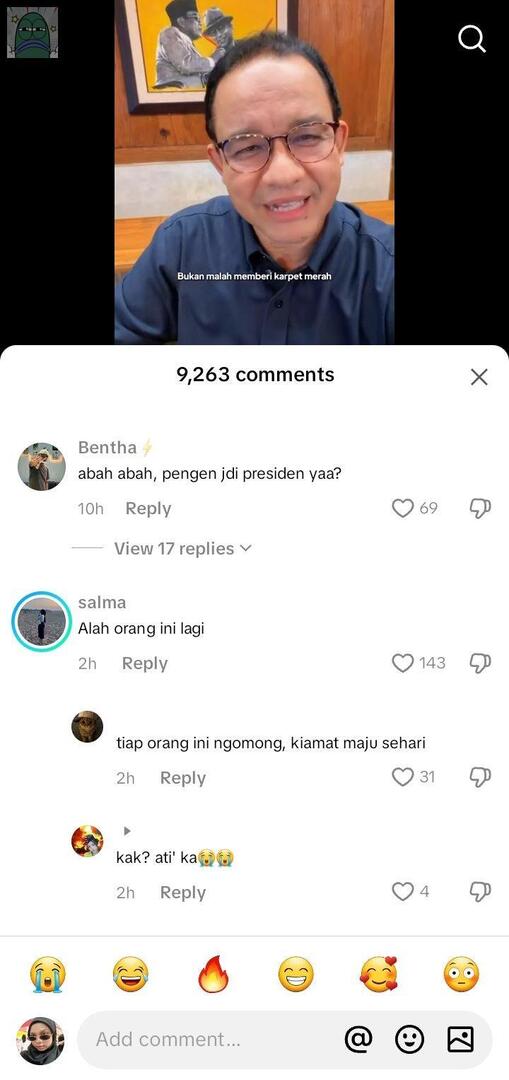 💚 komenannya kok jadi low iq gini ya??? pdhl anies cuma bilang 'Indonesia harus keluar dari Board of peace karena merugikan palestine' 
miris 😭😭