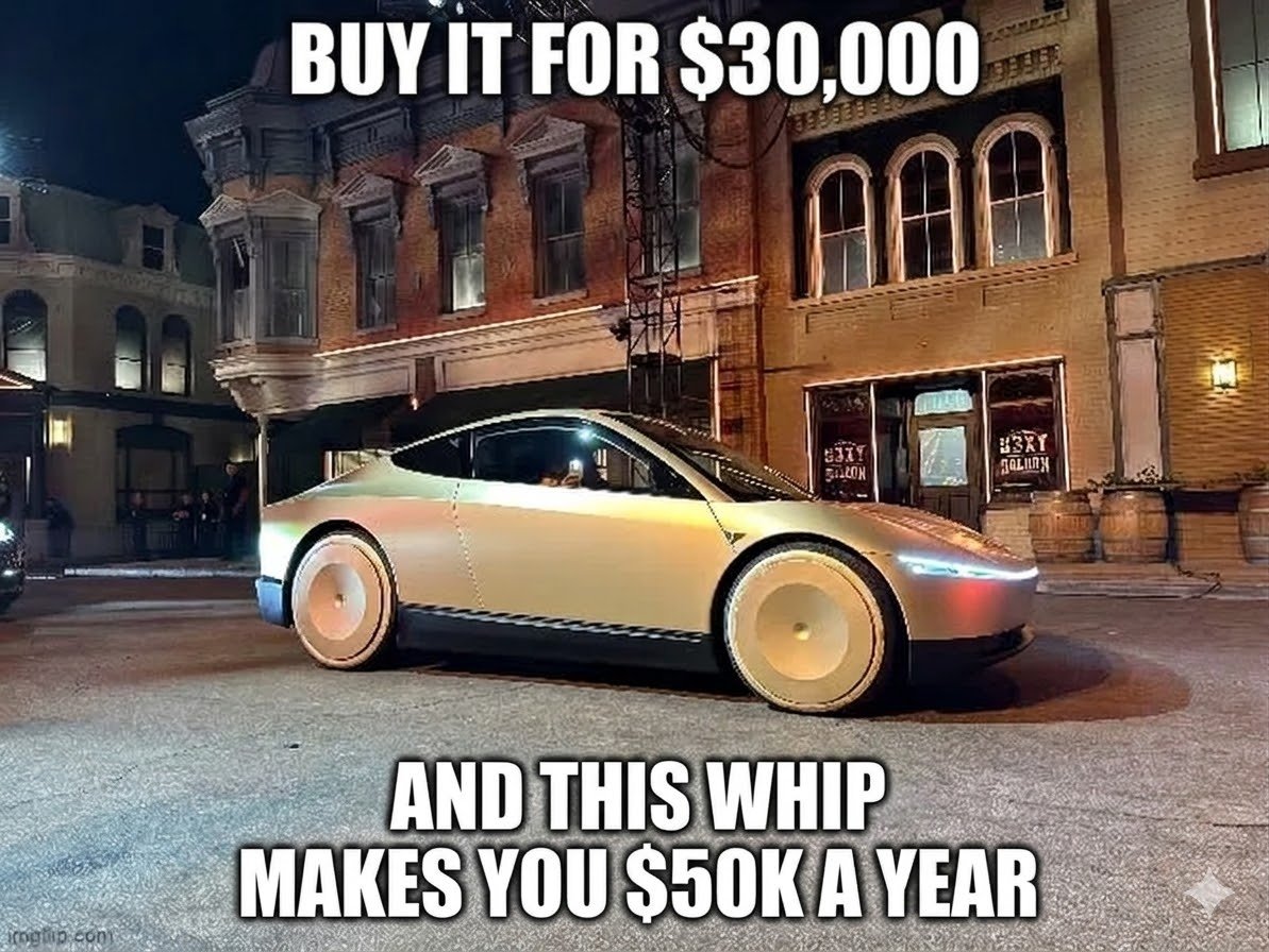 Investanswers's tweet image. The Infinite ROI Machine... 
#Cybercab $TSLA
NFA of course... depends on market conditions, local gig-economy regulations, insurance premiums, specialized maintenance costs, competition from hovercraft and teleportation tech