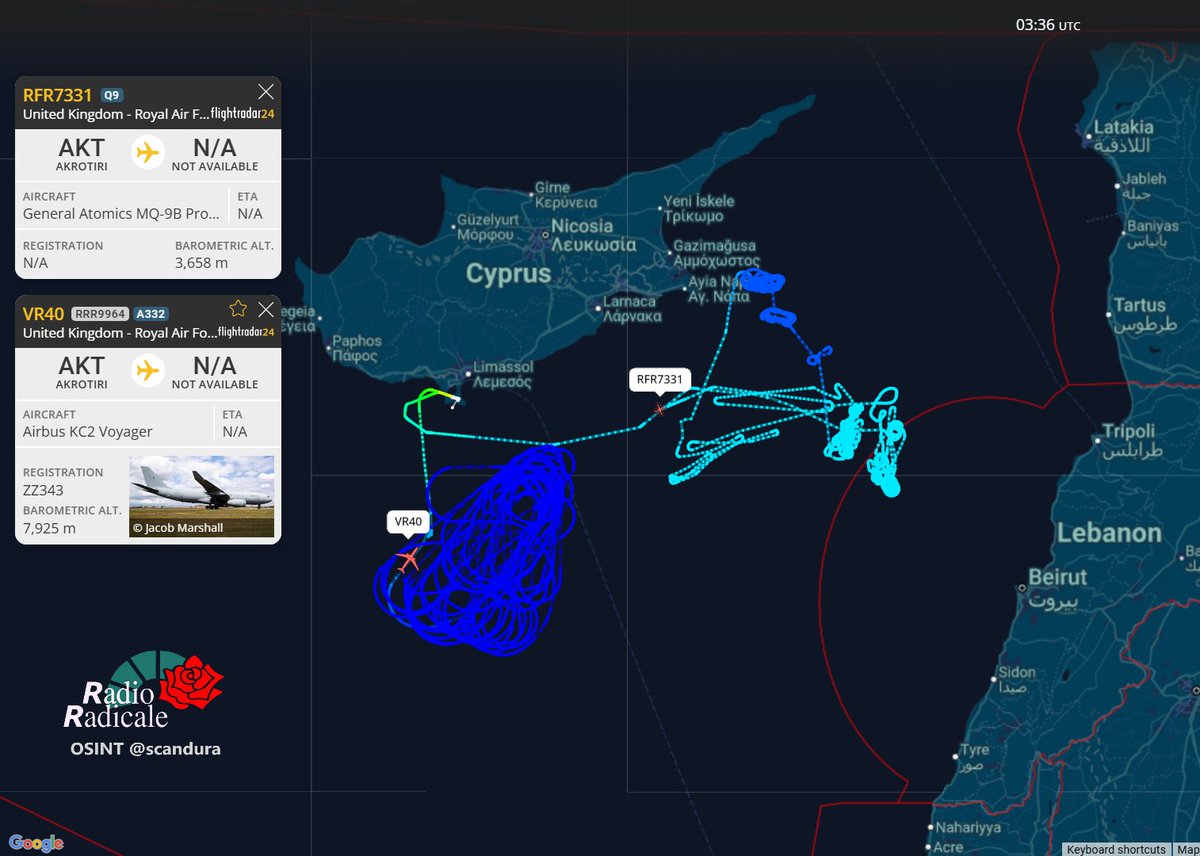 scandura's tweet photo. 📍 Attività aerea significativa tra Cipro e Libano.

05:03 CET. Da ieri pomeriggio e finora sono tracciabili le missioni di un drone RAF🛩️Protector #RFR7331 🇬🇧 MQ-9B RG Mk1 (evoluzione del reaper) e un velivolo da rifornimento RAF ✈️KC Voyager 🇬🇧 #ZZ343 #VR40.

La missione AAR ⛽️del KC è dedicata ai caccia in volo (che non sono tracciabili).

📍 OSINT map SCA/RR
#Iran #Cipro #RAF #Akrotiri #Cyprus #Lebanon