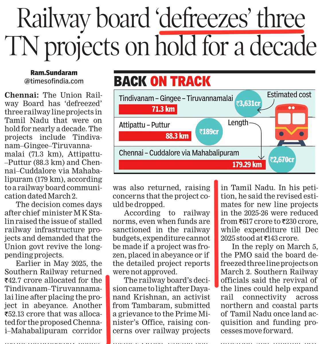 Finally, Railway board De-freezes the 3 Tamilnadu New line projects kept pending for a decade.
PMO petition reply confirms
🔹 Tindivanam-Tiruvannamalai,
🔹 Attipattu-Puttur,
🔹 Chennai-Cuddalore.
Thank you <a href="/PMOIndia/">PMO India</a> <a href="/CMOTamilnadu/">CMOTamilNadu</a> <a href="/RailMinIndia/">Ministry of Railways</a>
<a href="/Chief_Secy_TN/">Chief Secretary, Govt. of Tamil Nadu</a> 
#ToI <a href="/ramsundaramTOI/">Ram M Sundaram</a>