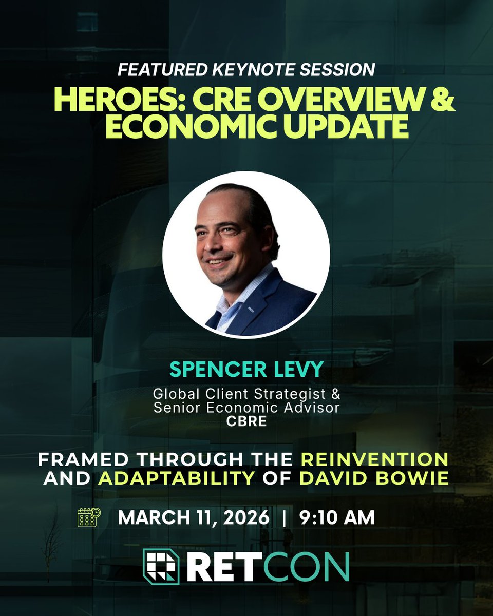 Retcon_USA's tweet image. Spencer Levy, Senior Economic Advisor at @CBRE and host of The Weekly Take, will share insights gathered from conversations with hundreds of the world’s largest real estate owners and occupiers at #RETCON.  

Register now and join us: na2.hubs.ly/H01LMqr0