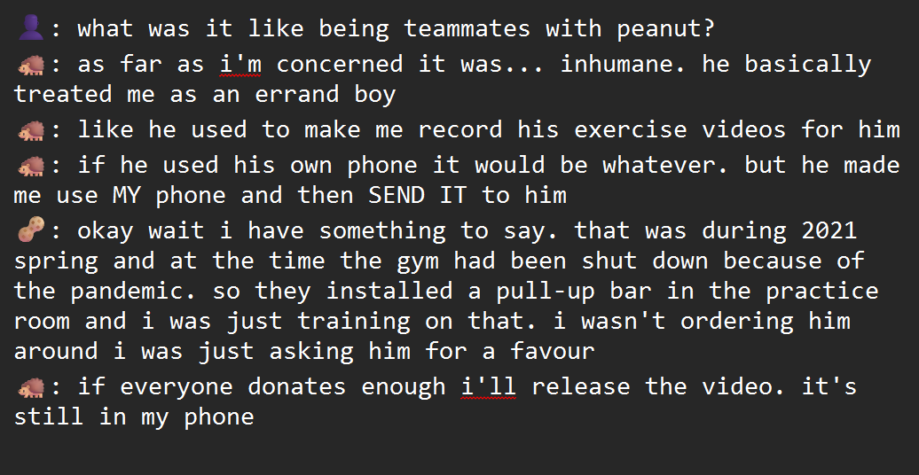 hyhyjahs's tweet photo. 👤: what was it like being teammates with #peanut?
#deokdam 🦔: as far as i'm concerned it was... inhumane. he basically treated me as an errand boy. like he used to make me record his exercise videos for him [... see p1] 
cr wb 薯条食用大师 (link ↓) https://t.co/qDvUdUJz7T