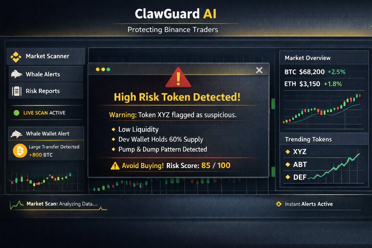 Binancesquar's tweet image. Project Name: ClawGuard AI

Scams, fake signals, and whale manipulation are hurting crypto traders. ClawGuard AI monitors Binance 24/7, detects risky tokens, tracks whales, and sends instant alerts. Trade smart, stay safe.
#AIBinance