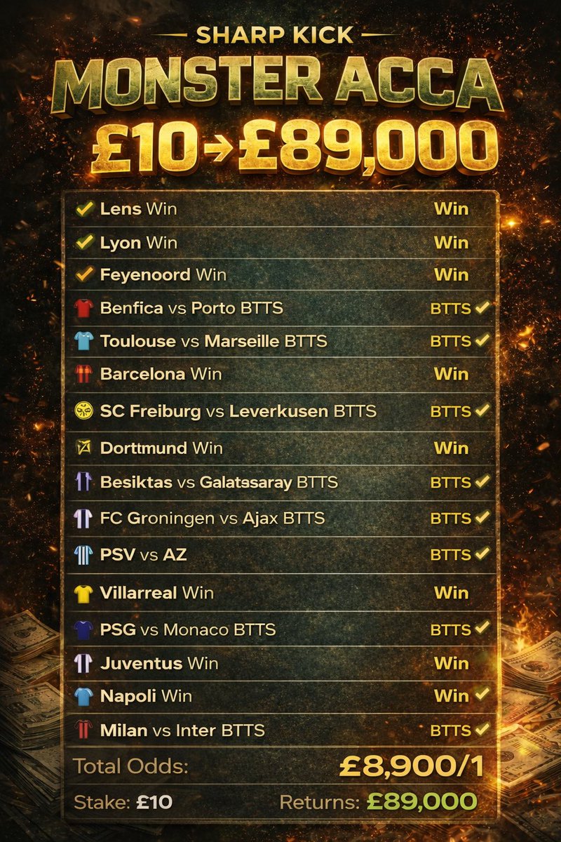 gambler_mark's tweet photo. 🚨 MONSTER ACCA 🚨
£10 ➝ £89,000 💰
Big weekend accumulator across Europe’s top leagues ⚽️
Let’s see if we can land a crazy one 👀🔥
Who ruins the bet? 😅
#MonsterAcca #BettingTips #FootballBets #SoccerBets #Accumulator #BettingCommunity #SharpKick #BTTS #FootballTips https://t.co/1DIh9op48s