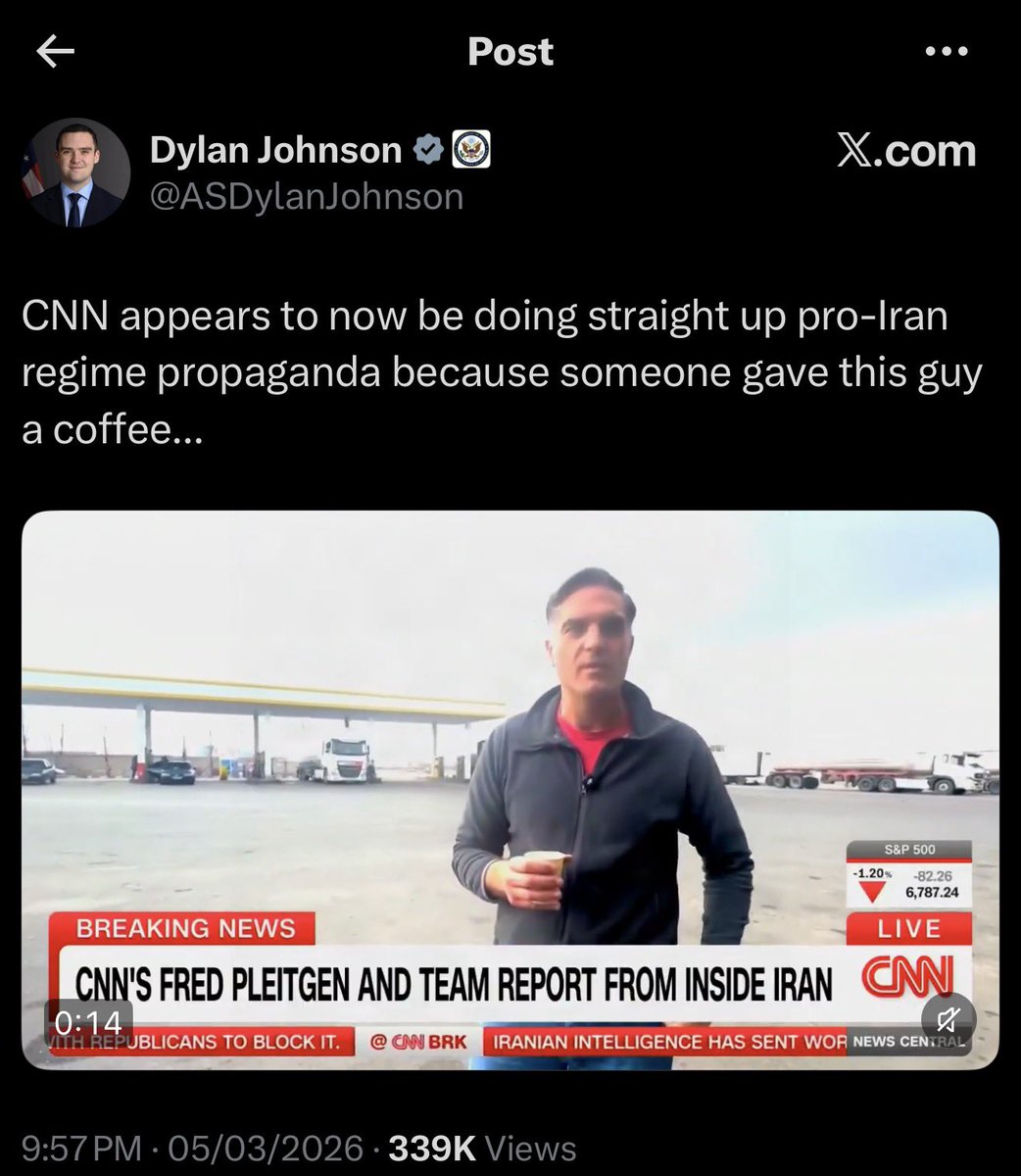 0President's tweet image. - مراسل CNN دخل إيران، و صوّر أمس في منطقة قريبة من تبريز و يقول بأنه رايح لـ طهران عشان يغطي الحرب .

• الرجال يقول :
"فيه نقاط تفتيش كثيرة + ما شفت أي دليل في الأماكن اللي جيتها على انفلات الأمن، و البضائع متوفرة حتى الأشياء الطازجة مثل الفاكهة و غيرها و ما فيه أي زحام على