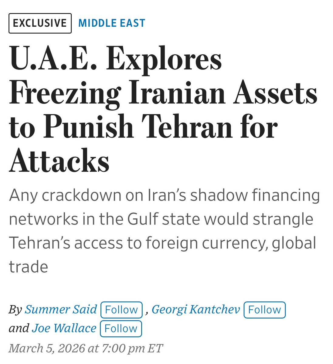 UpendrraRai's tweet image. The #UnitedArabEmirates is weighing freezing billions of dollars of #Iranian assets held in the Gulf state, sources tell the #WallStreetJournal.