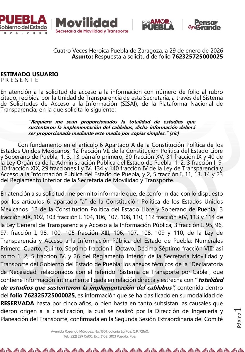 🚨Ojos en Puebla 🇲🇽 👇🏻 
Documento oficial de la Secretaría de Movilidad confirma que los estudios del Cablebús fueron clasificados como información reservada por 5 años.
Sin acceso a los estudios técnicos
¿Creen que los ciudadanos son estúpidos narcopolítico Armenta?
