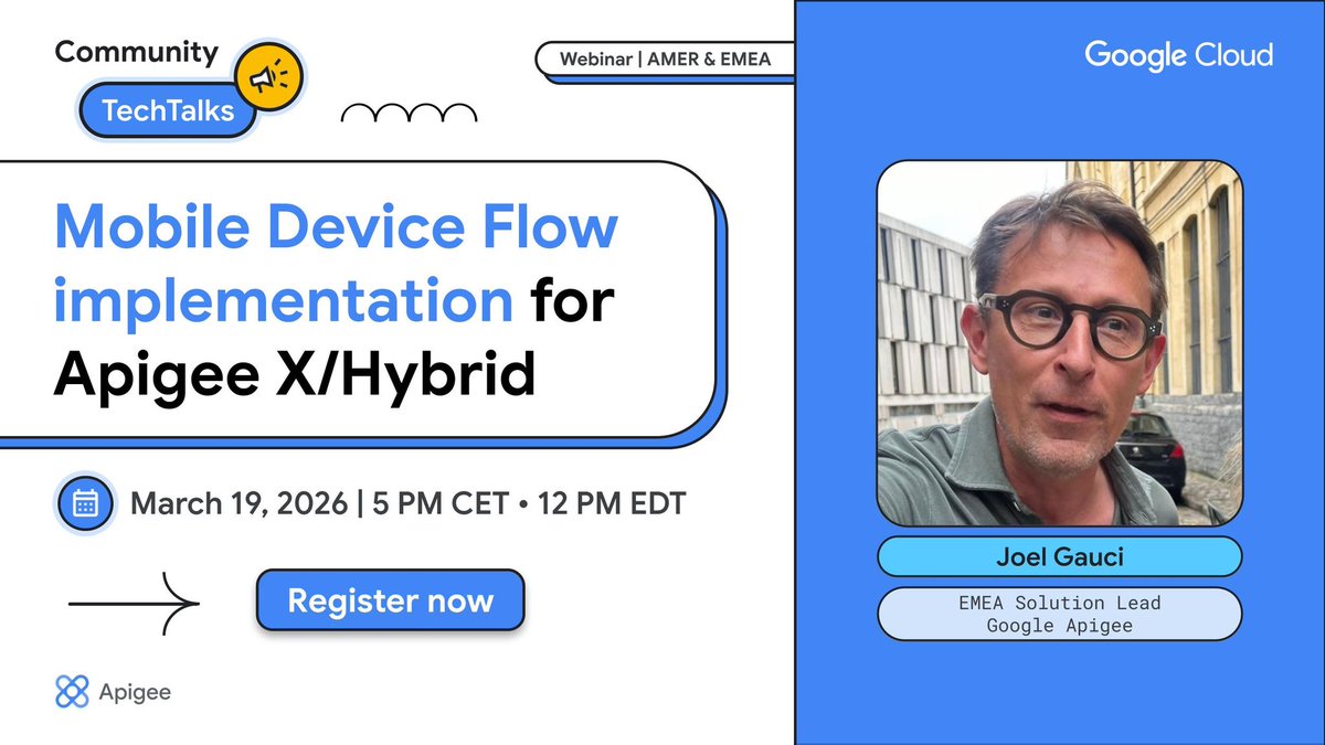 mad_in_api's tweet photo. Learn to implement the OAuth Device Flow (RFC 8628) with #Apigee X/Hybrid. Join our TechTalk on state management &amp; polling for Smart TVs &amp; AI agents.

Mar 19 | 5PM CET / 12PM EDT
RSVP → https://t.co/0vEXb6rP7Y https://t.co/9EGLaTMQhC