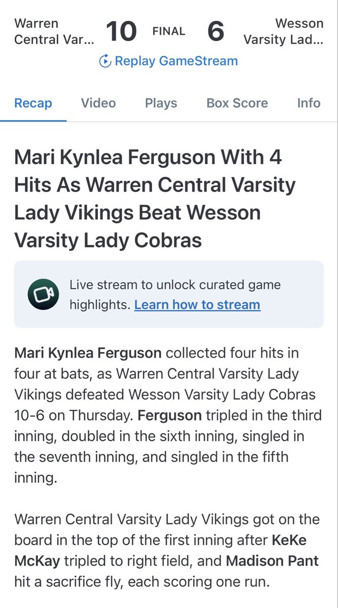 MK Ferguson (2028, Warren Central) had a big night at the plate.  She went 4 for 4 with 2 1B, 2B, 3B, 3 RBIs in a 10-6 win over Wesson HS.  #goldblooded