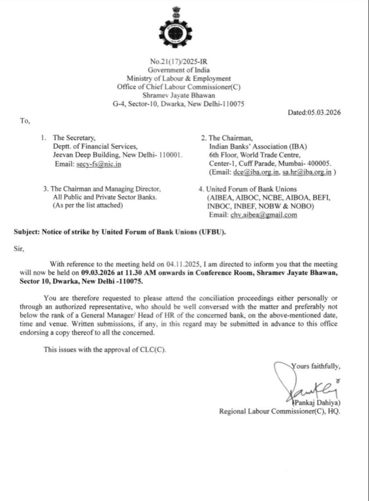 The UFBU has served a strike notice to the <a href="/CLCMOLE/">Chief Labour Commissioner (Central)</a>. Is this strike scheduled for March 30 and 31, 2026, in support of the demand for #5daysbanking ?