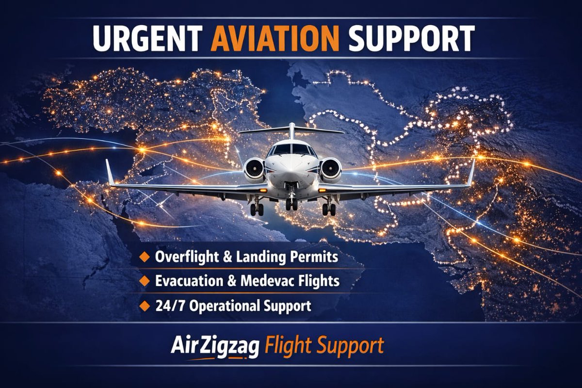 AirZigzag's tweet photo. With the current tensions across parts of the Middle East, operations require rapid coordination and reliable support.
@AirZigzag assisting operators with urgent:
* Overflight,landing &amp; Diplomatic clearances
* Evacuation &amp; humanitarian 
#Aviation #FlightSupport #EvacuationFlights https://t.co/SCULBKZi13