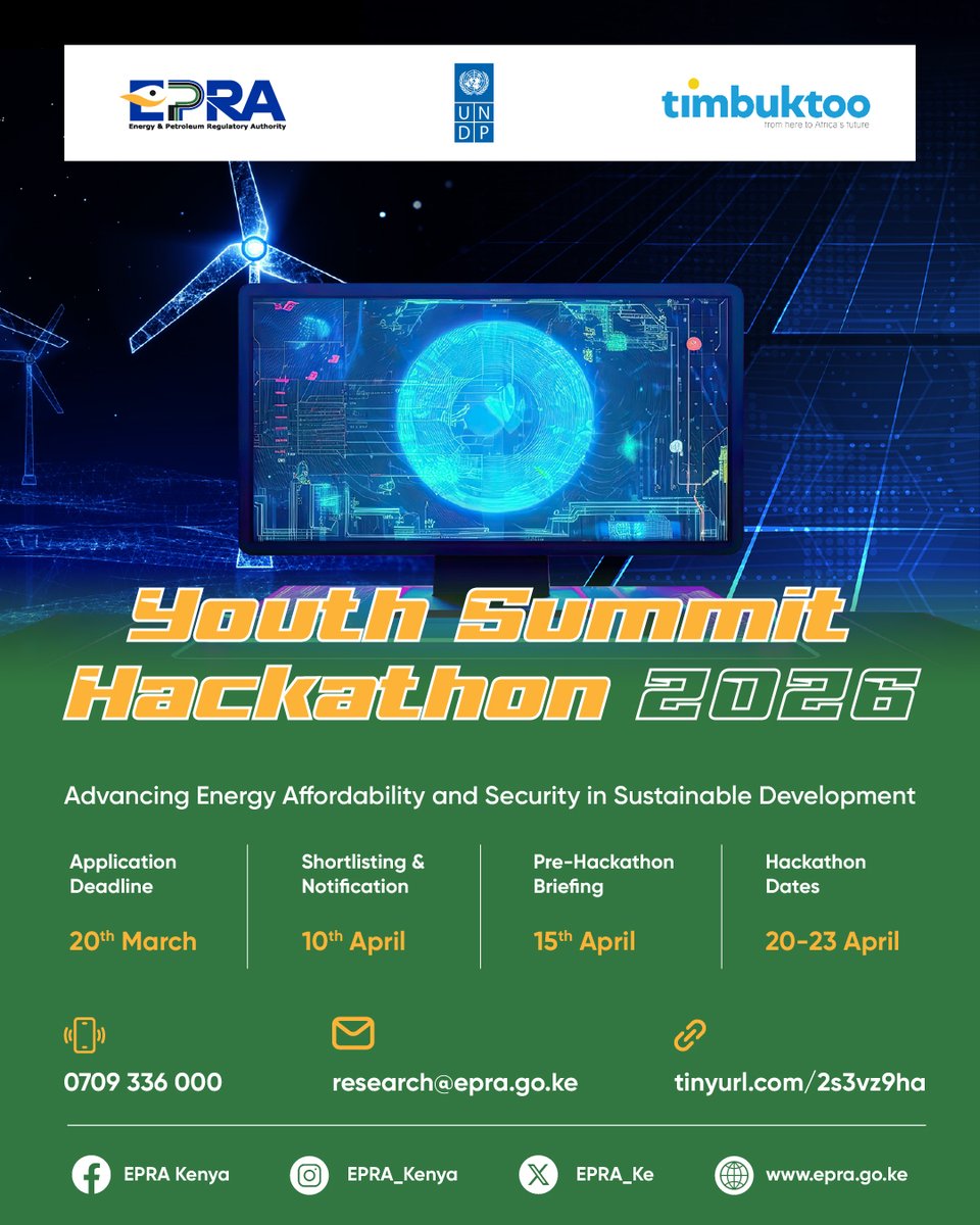 EPRA_KE's tweet photo. Applications for #EPRAHackathon2026 at the 7th Regional Research &amp; Innovation Conference are now open

Young innovators, students &amp; tech practitioners are invited to develop data-driven solutions for energy regulation

Apply: research@epra.go.ke
More info: https://t.co/ZXH4QY8Zkf https://t.co/NnWAcpCfyD
