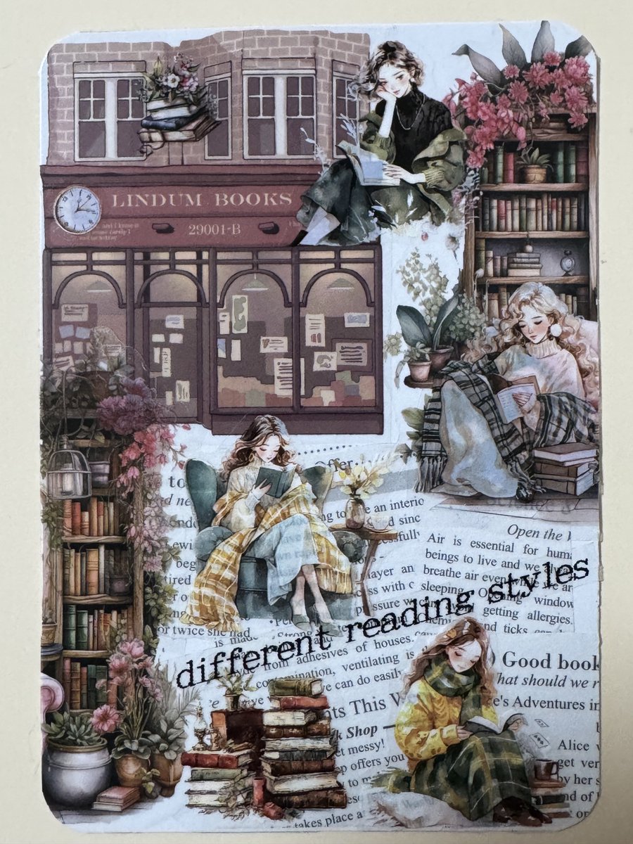 deepvivian's tweet photo. 今日のコラージュ✂️
それぞれの読書スタイル

３㎝角の小さな人物シールなのでこんな感じにしかならなくて💦💦💦

#コラージュ　#collage https://t.co/X42o6nYMPf